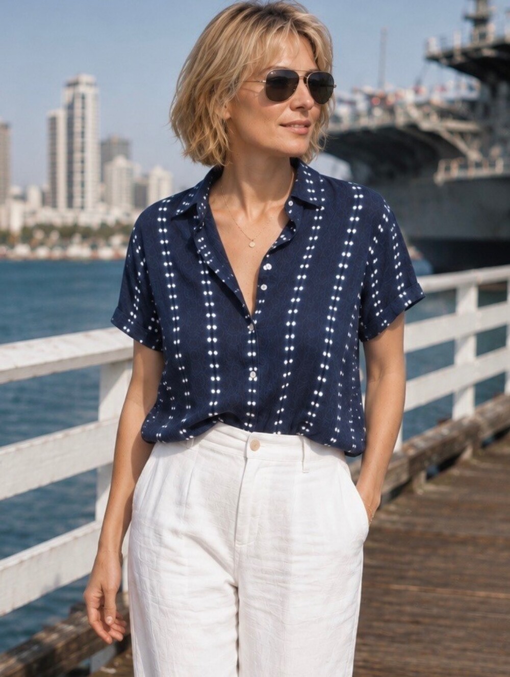 Lands' End Short Sleeve Navy Blue & White Linen Tunic. Size Small Petite